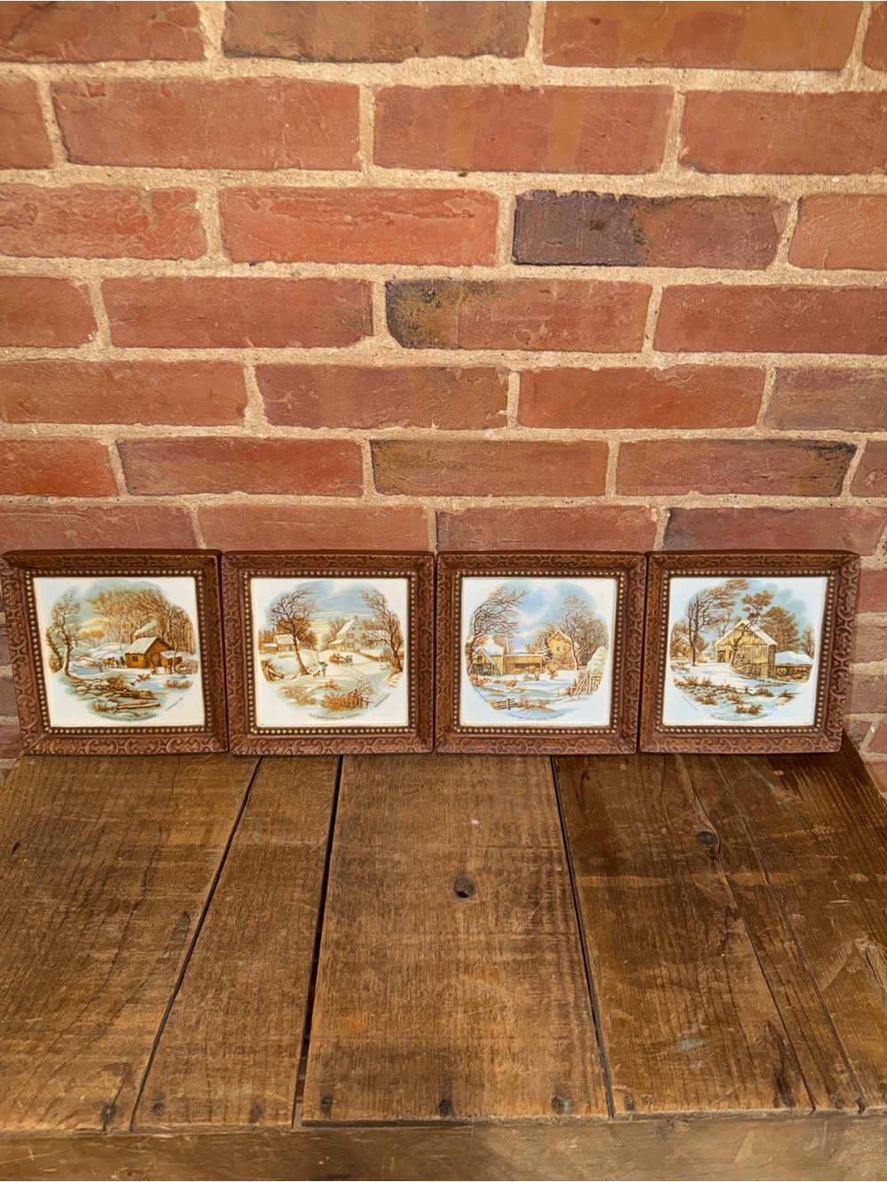 Set of 4 Currier & Ives Winter Scene Ceramic Tiles Wood Decorative Framed 6x6